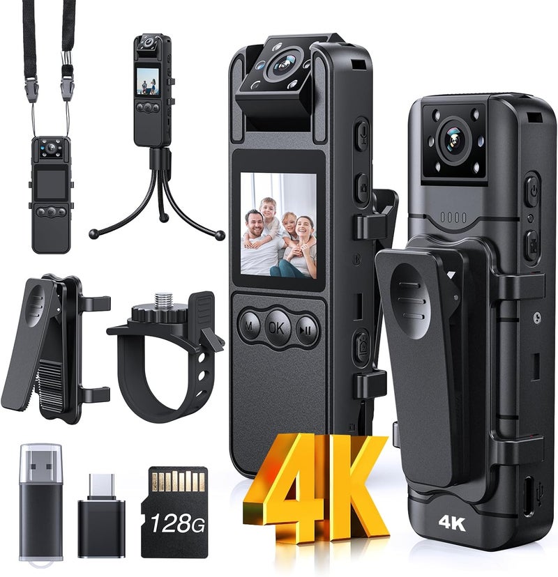 Losfom Z11 4K Body Camera with Audio and Video Recording, 128GB Small Body Cam with 180° Rotating Lens, 6HR Battery & Night Vision, Wearable Camera for Pet, Home, Office, Security Police Law Enforcement - Image 1